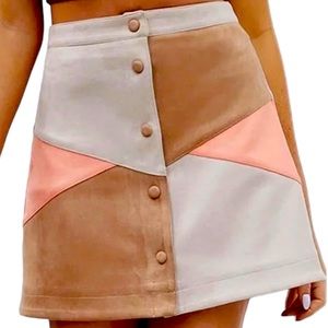 Women’s colour-blocked Faux Suede Mini Skirt Brown tan neutral Button Down SZ 26